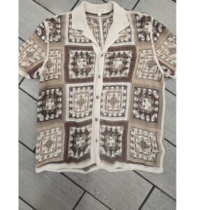 Morse Code Mens Crochet Granny Square Patchwork Shirt Brown Cream Boho Large